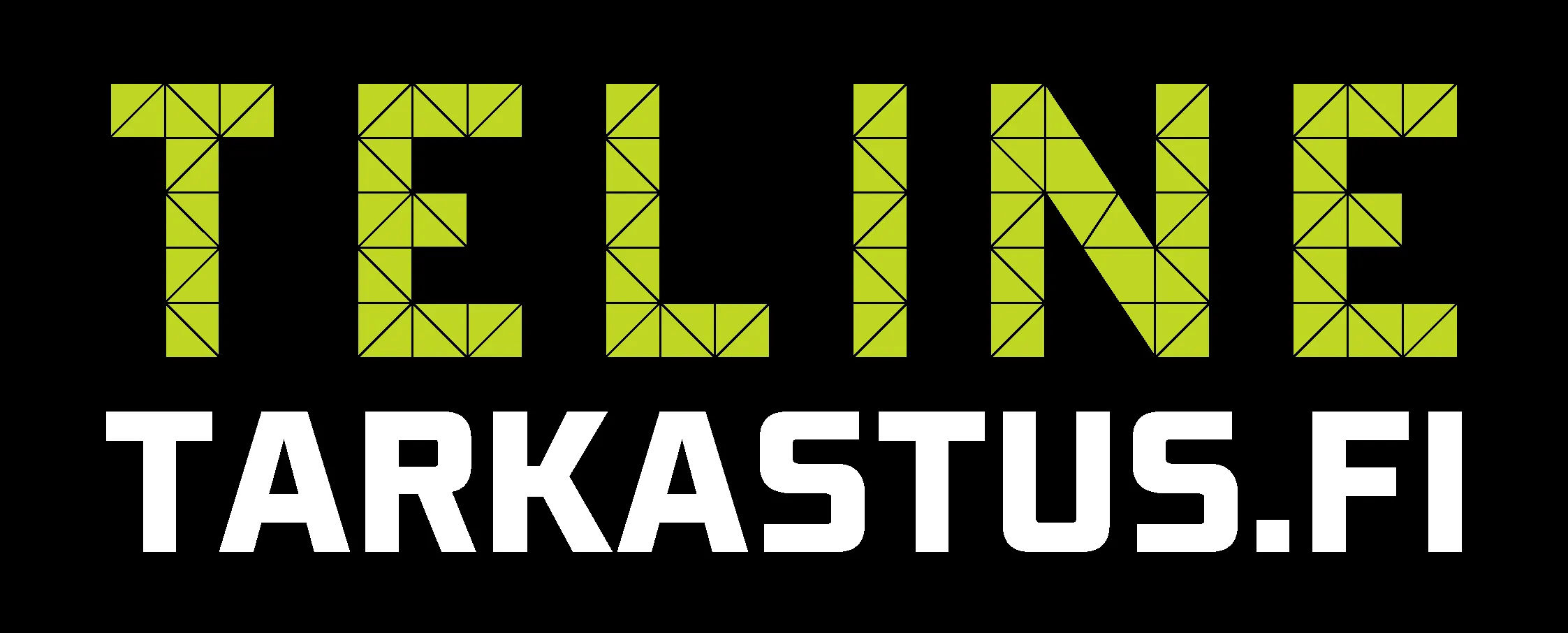 Musta tausta, jossa vihreällä teksti "TELINE" ja "TARKASTUS.FI" kolmioilla koristeltuna.