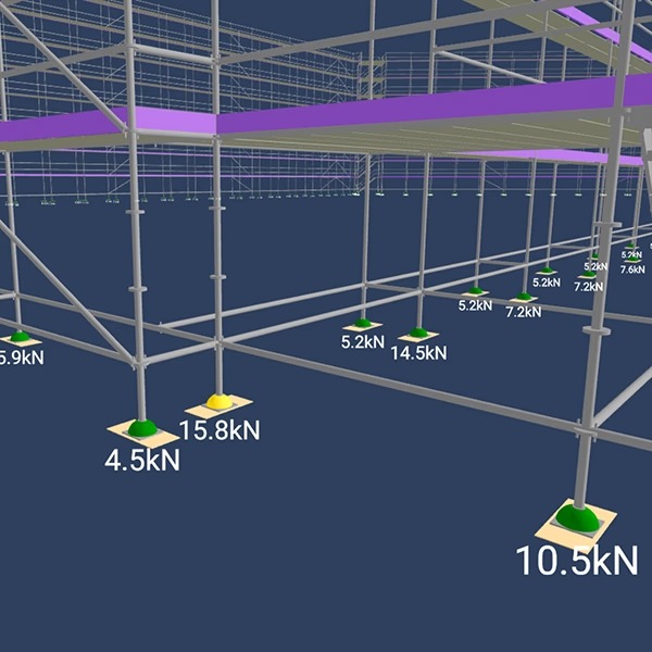 Kuvassa on rakennustelineet, joissa näkyy kuormitusarvot kiloNewtonina (kN) jokaisen jalan alla. Telineet ovat harmaat ja tausta on tummansininen.